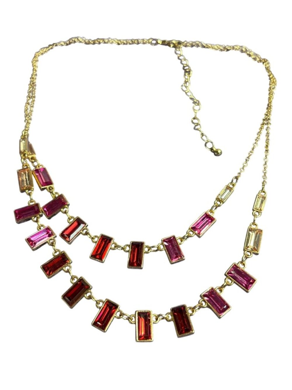 Pale Bright Pink Red Rectangle Rhinestone Necklace 2 Strand Goldtone 16 in 18 in